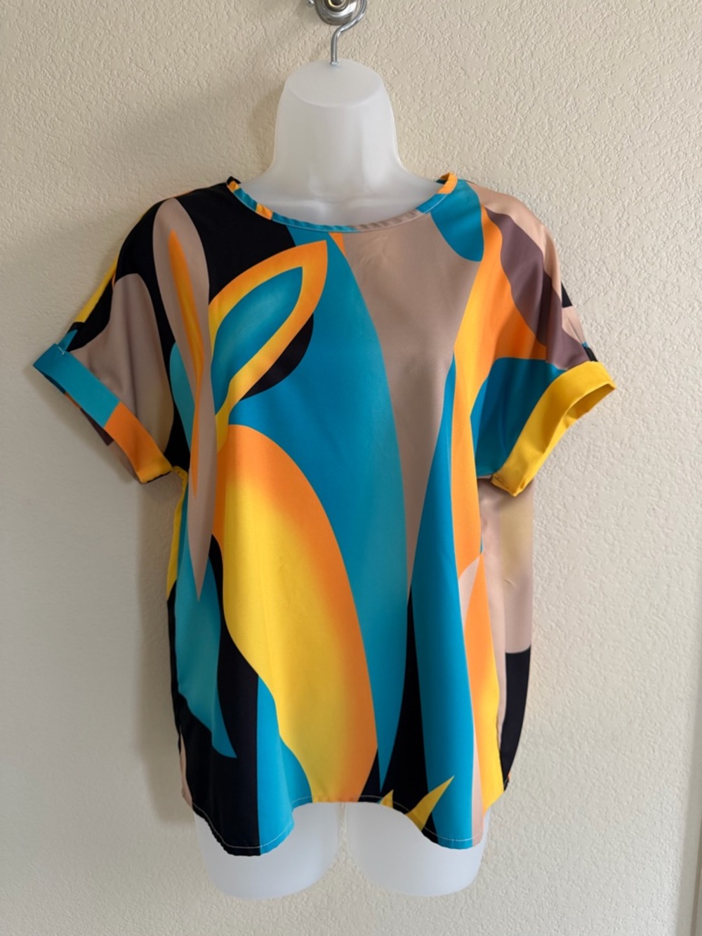 SHEIN Bold Abstract Short Sleeve Top - Teal, Yellow & Black